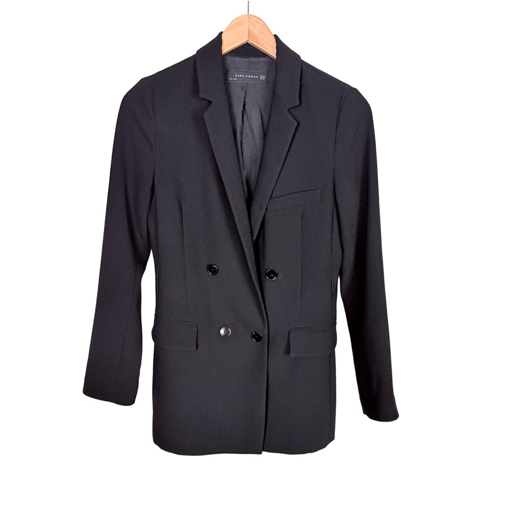 Zara Black Doubled Breasted Crepe long line Blazer Office Quiet Luxury Preppy XS